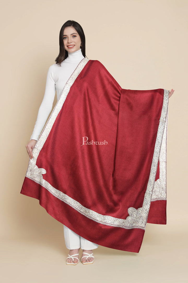 Pashtush India Womens Shawls Pashtush Womens Pashmina Shawl, Chaandi Taar Daur with Real Silver Embroidery, Border, Maroon