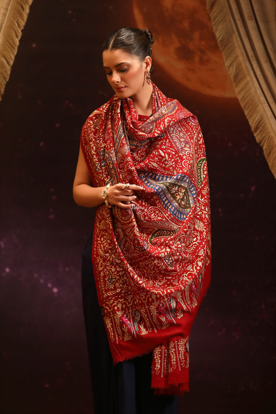 Pashtush India Womens Shawls Pashtush Womens Pashmina Shawl, Hand Embroidery Kashmiri Tilla Work, Handloom, Maroon