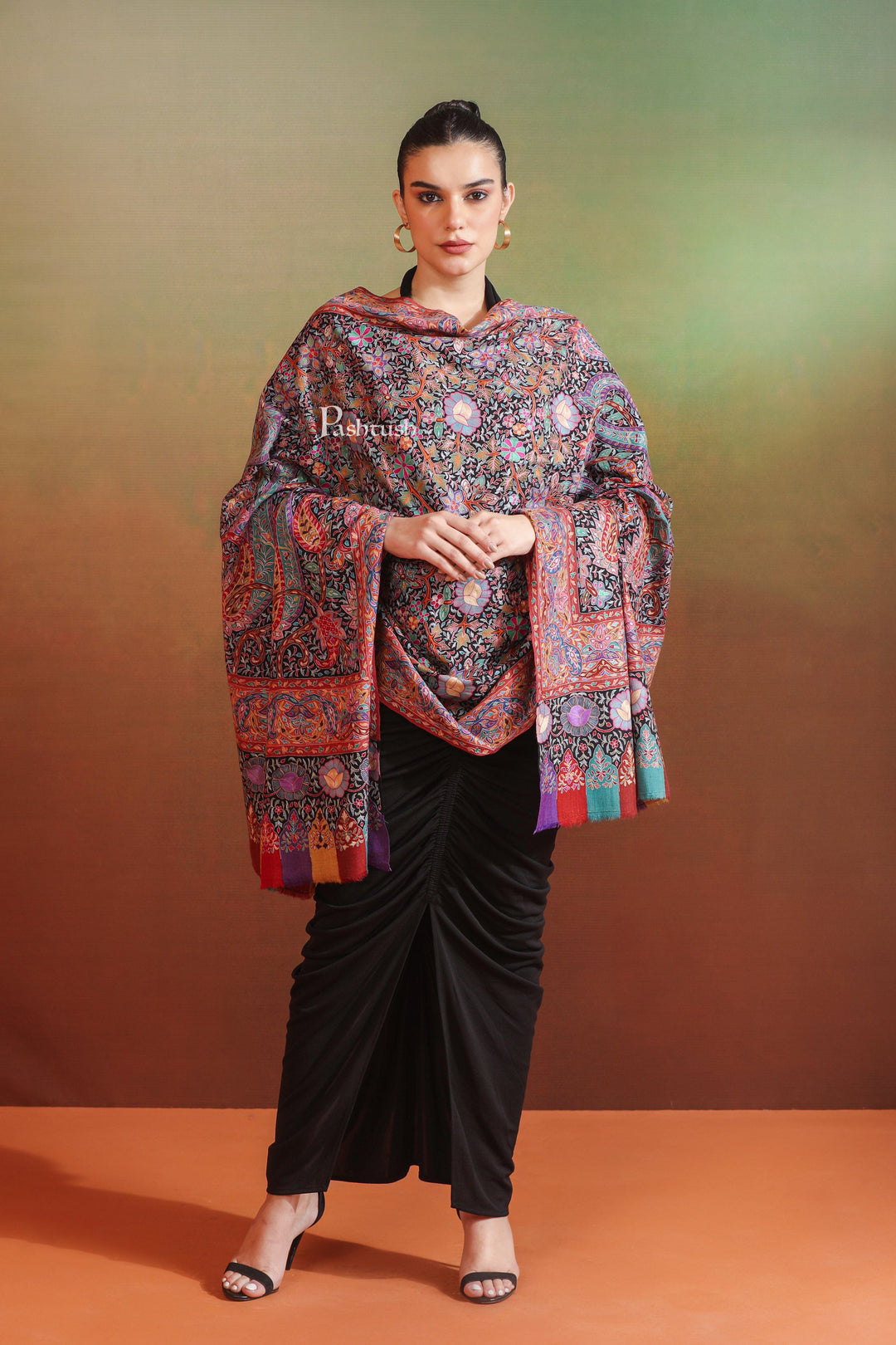 Pashtush India Womens Shawls Pashtush Womens Pashmina Shawl, Hand Painted And Embroidered Kalamkari Design, Multicolour