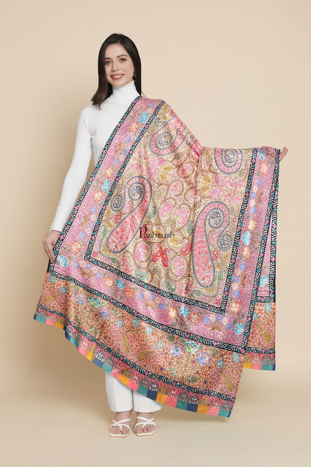 Pashtush India Womens Shawls Pashtush Womens Pashmina Shawl, Hand Painted, Hand Embroidered, Handloom Woven Shawl, Multicoloured