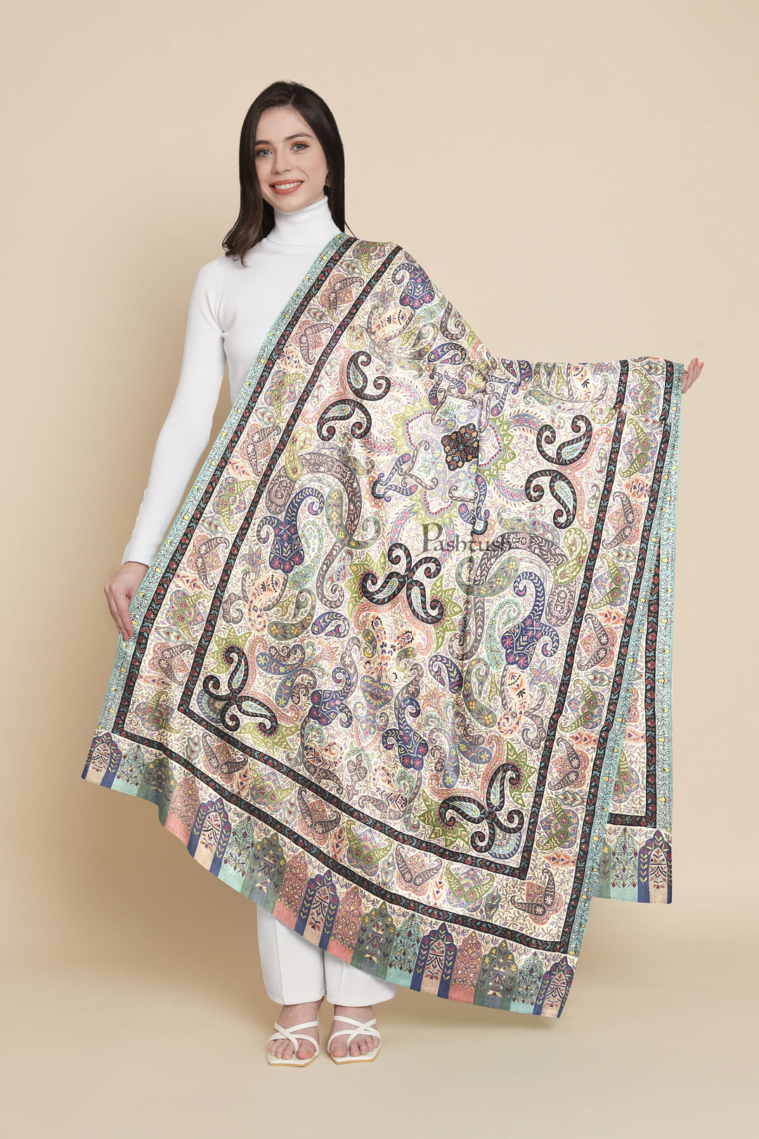 Pashtush India Womens Shawls Pashtush Womens Pashmina Shawl, Hand Painted, Hand Embroidered, Handloom Woven Shawl, Multicoloured