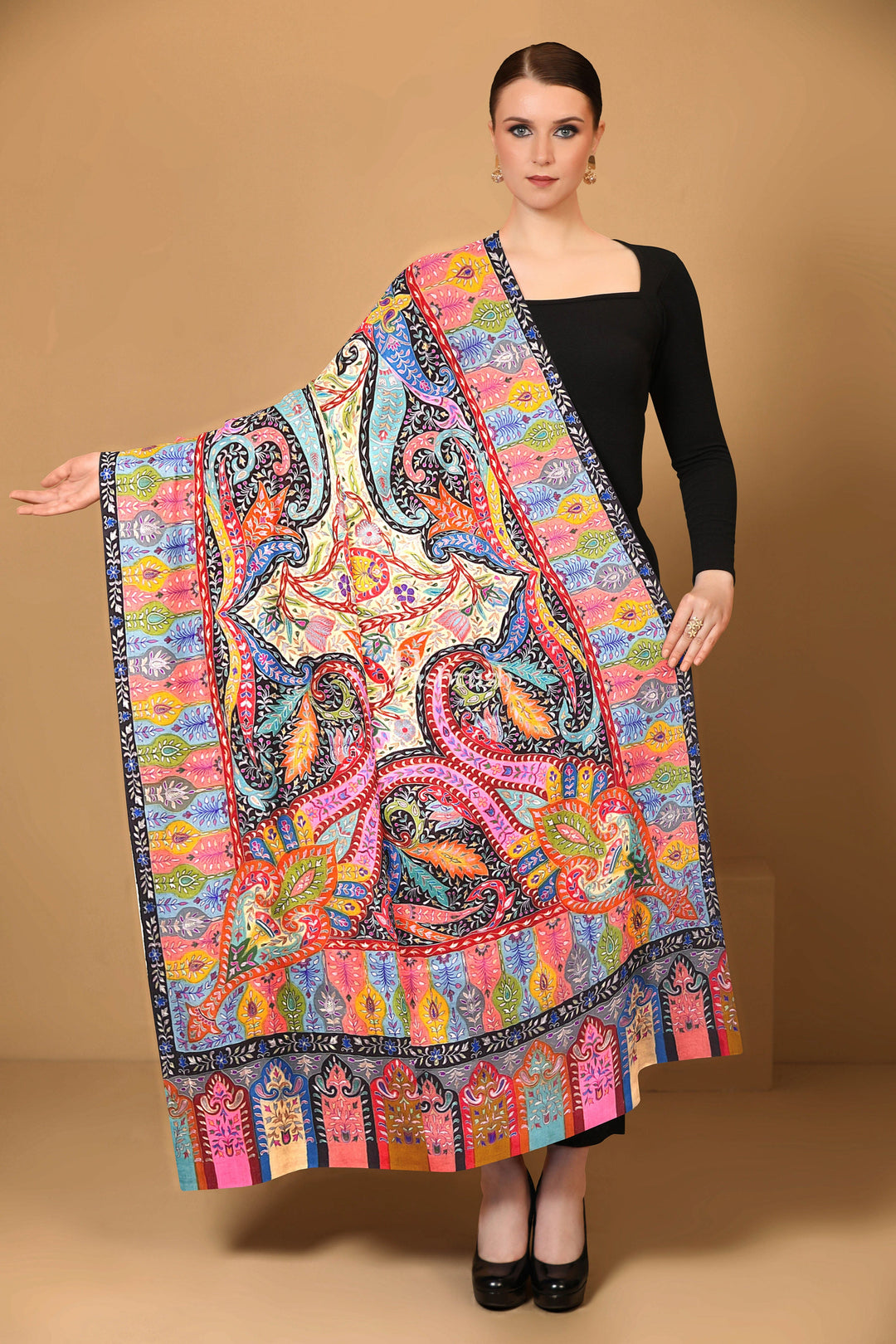 Pashtush India Womens Shawls Pashtush Womens Pashmina Shawl, Hand Painted, Hand Embroidered, Handloom Woven Shawl, Multicoloured