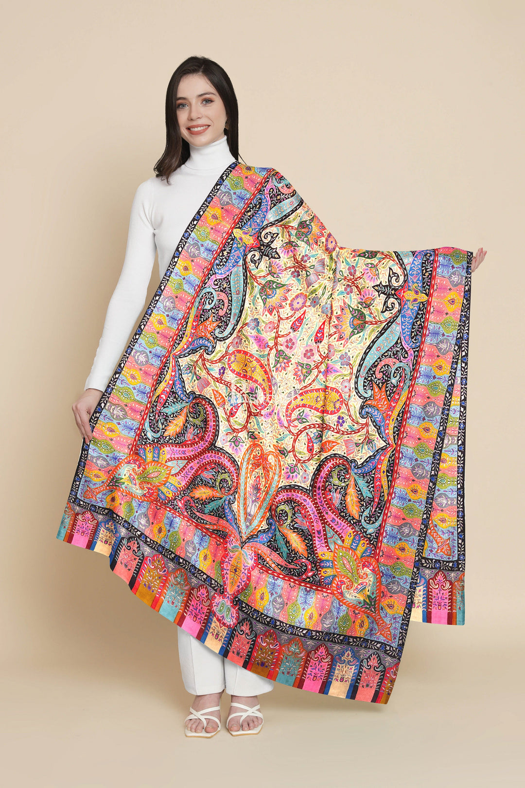 Pashtush India Womens Shawls Pashtush Womens Pashmina Shawl, Hand Painted, Hand Embroidered, Handloom Woven Shawl, Multicoloured