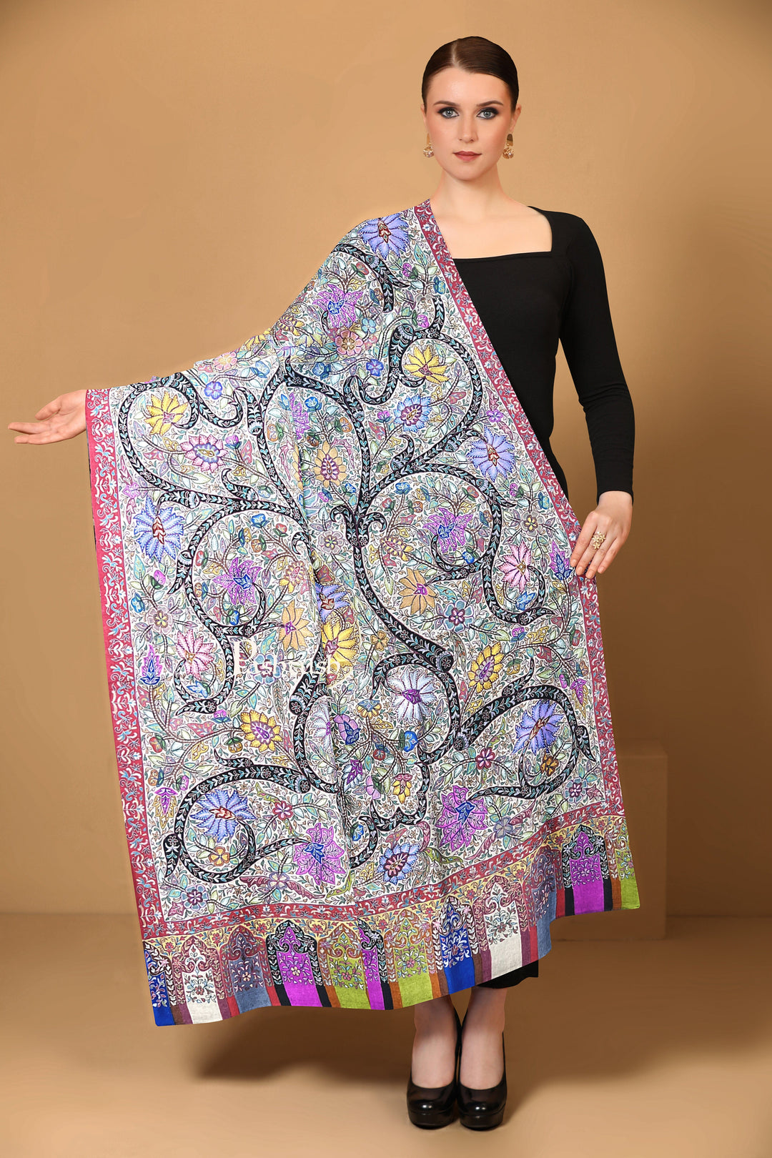 Pashtush India Womens Shawls Pashtush Womens Pashmina Shawl, Handmade Kalamkari, Multicoloured