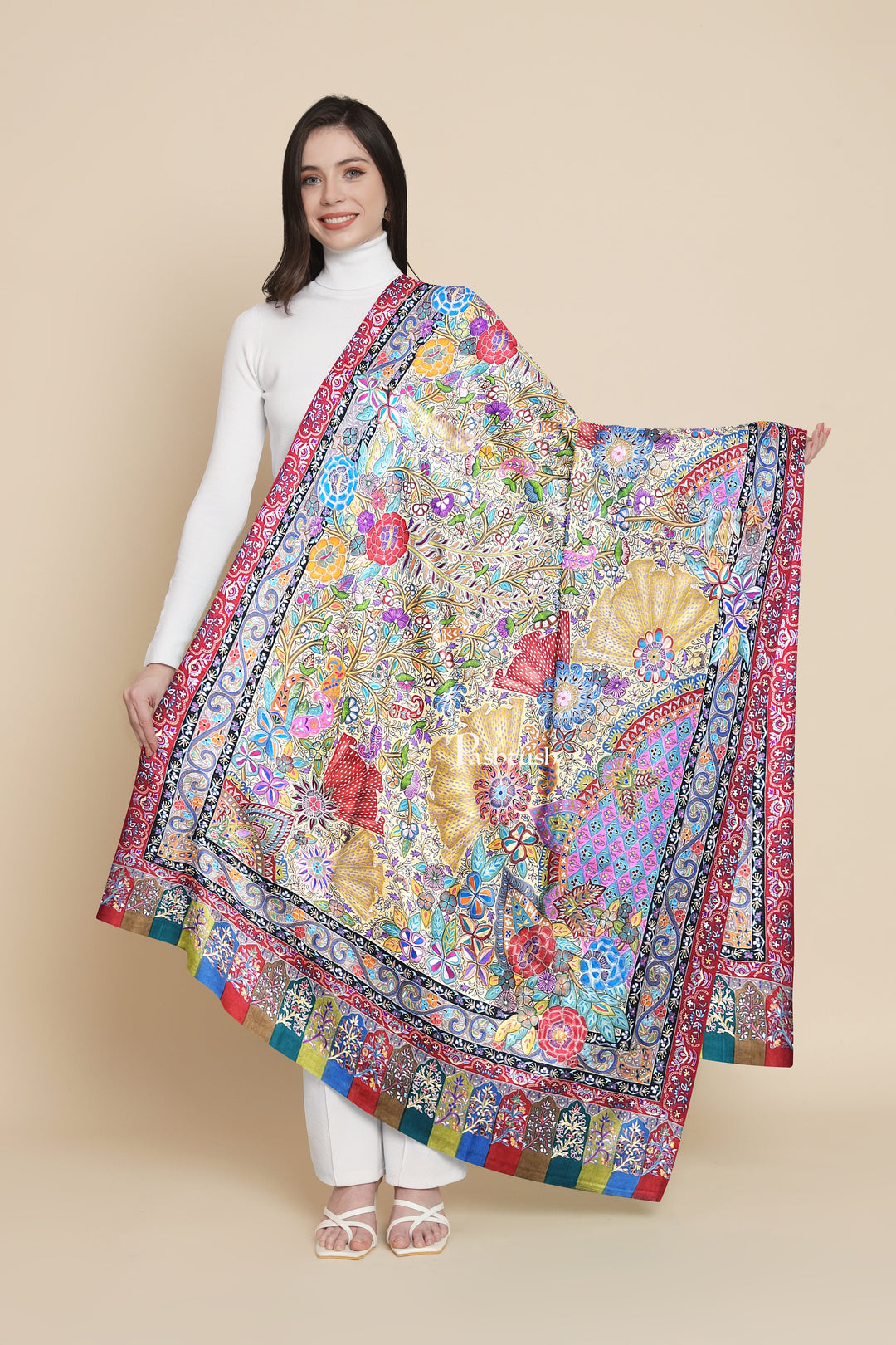 Pashtush India Womens Shawls Pashtush Womens Pashmina Shawl, Handmade Kalamkari, Multicoloured