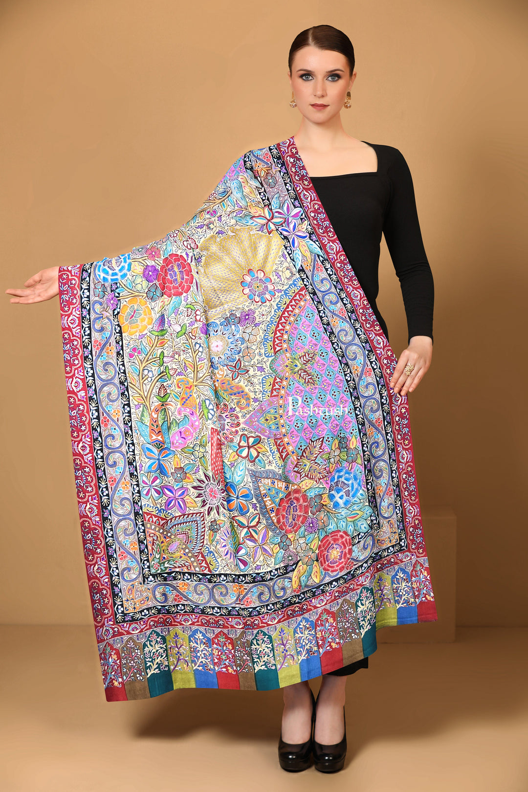 Pashtush India Womens Shawls Pashtush Womens Pashmina Shawl, Handmade Kalamkari, Multicoloured