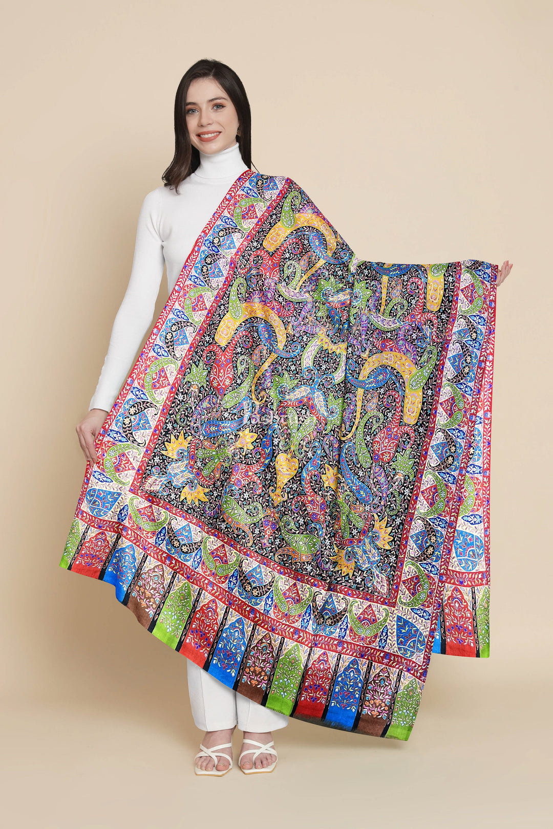 Pashtush India Womens Shawls Pashtush Womens Pashmina Shawl, Handmade Kalamkari, Multicoloured