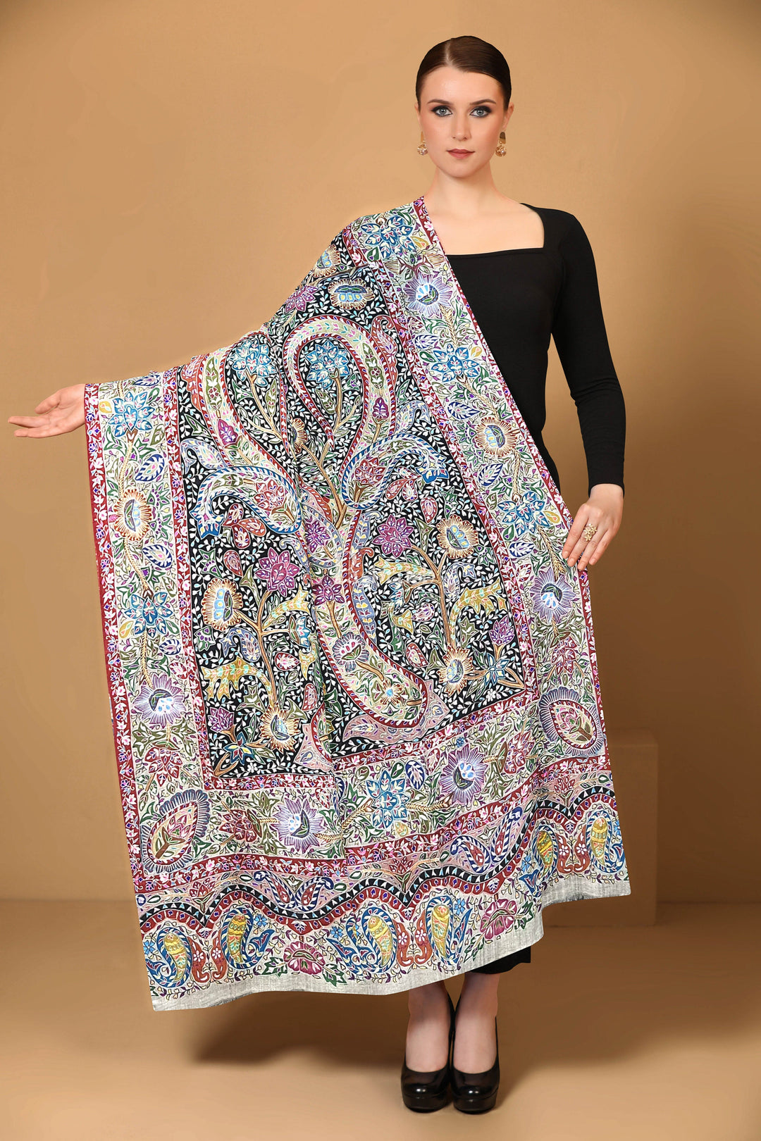 Pashtush India Womens Shawls Pashtush Womens Pashmina Shawl, Handmade Kalamkari, Multicoloured