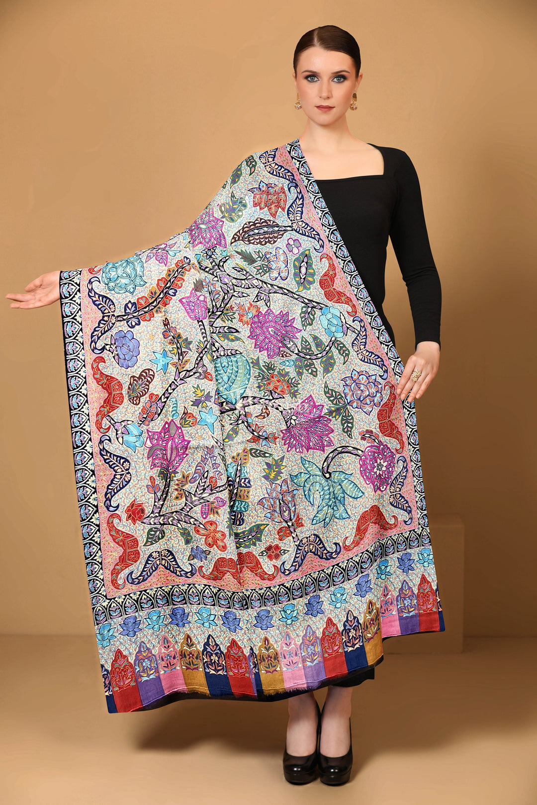 Pashtush India Womens Shawls Pashtush Womens Pashmina Shawl, Handmade Kalamkari, Multicoloured