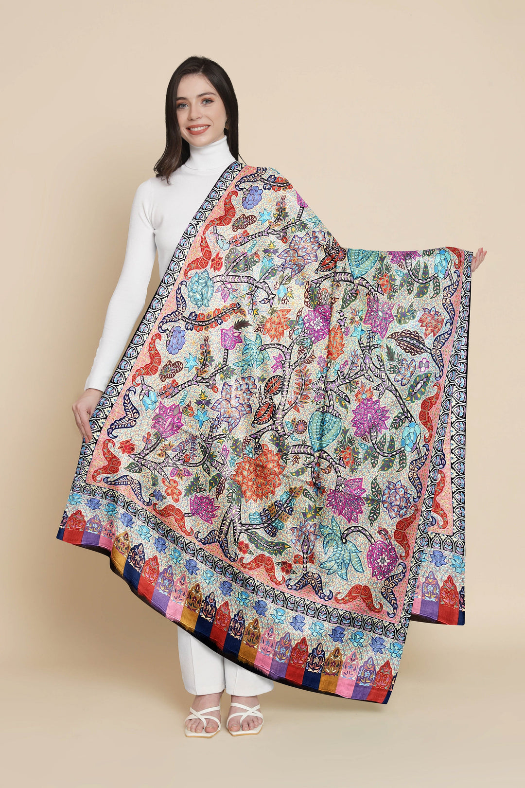 Pashtush India Womens Shawls Pashtush Womens Pashmina Shawl, Handmade Kalamkari, Multicoloured