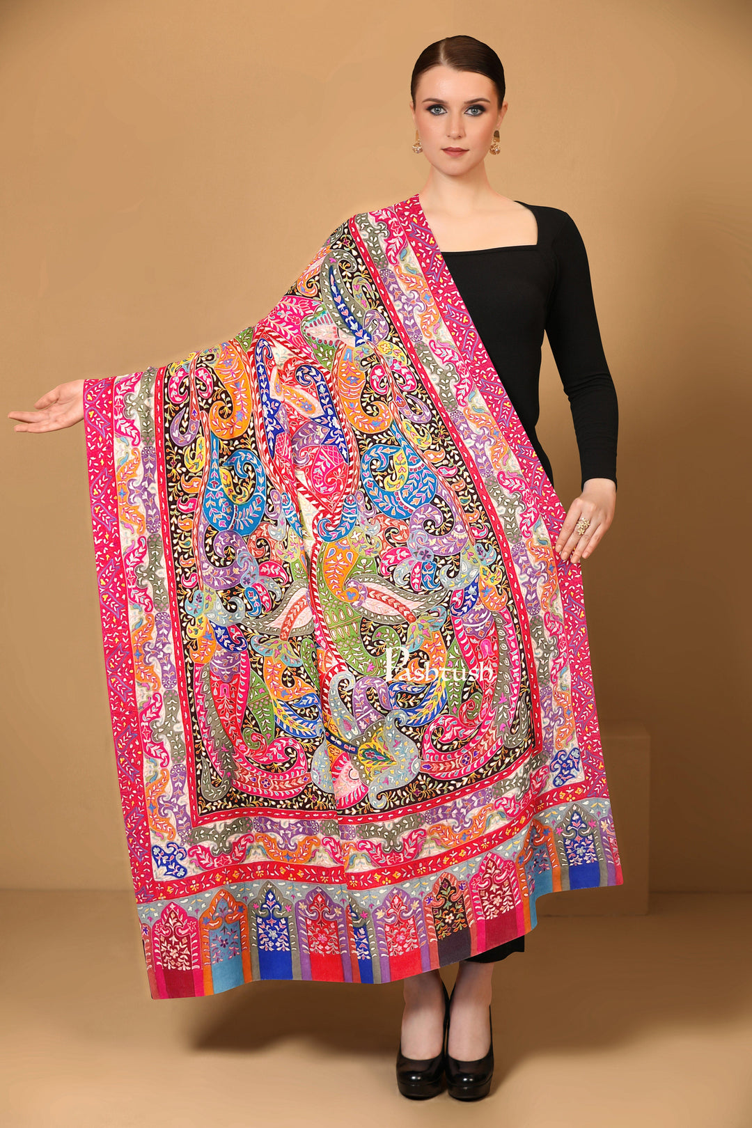 Pashtush India Womens Shawls Pashtush Womens Pashmina Shawl, Handmade Kalamkari, Multicoloured