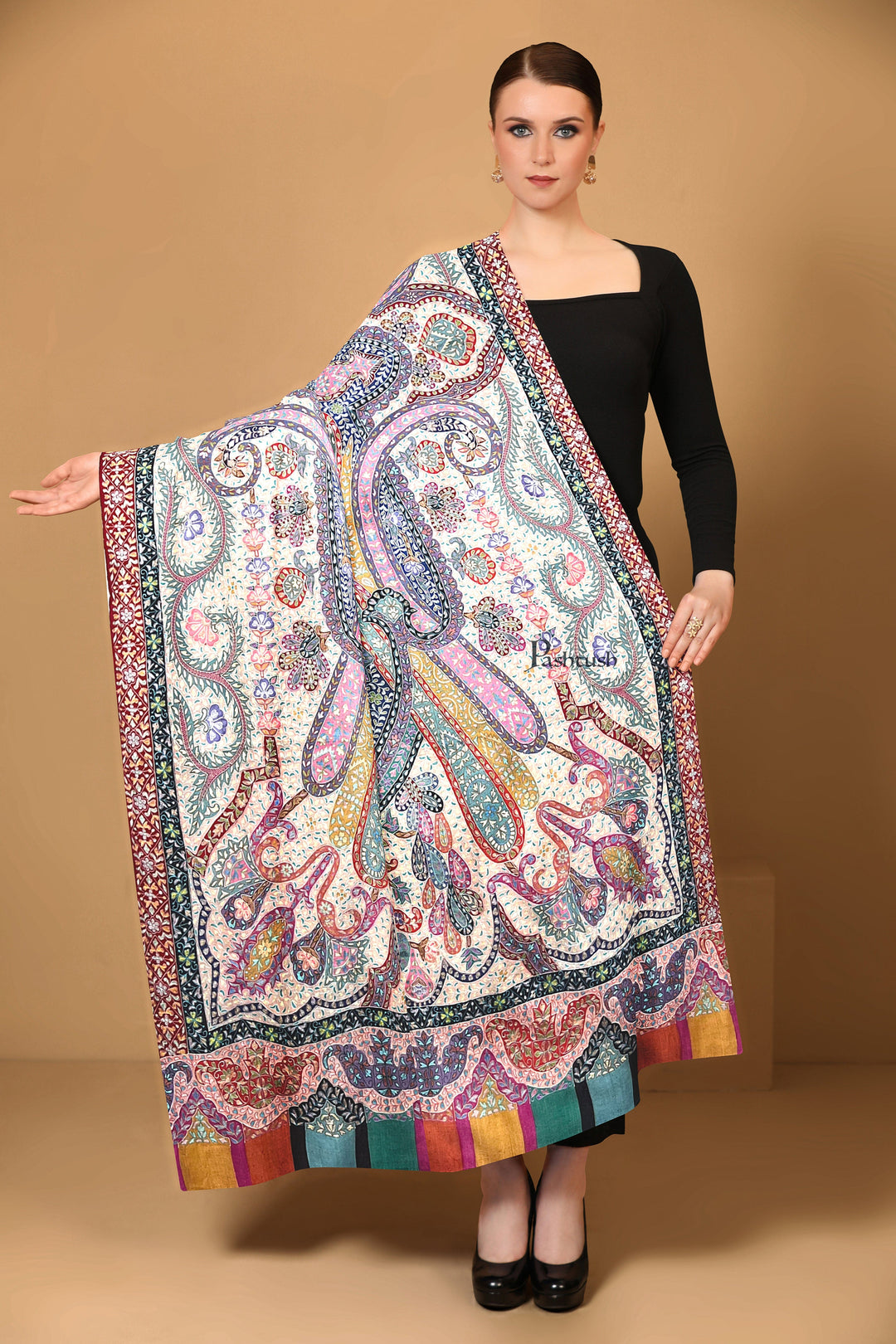 Pashtush India Womens Shawls Pashtush Womens Pashmina Shawl, Handmade Kalamkari, Multicoloured