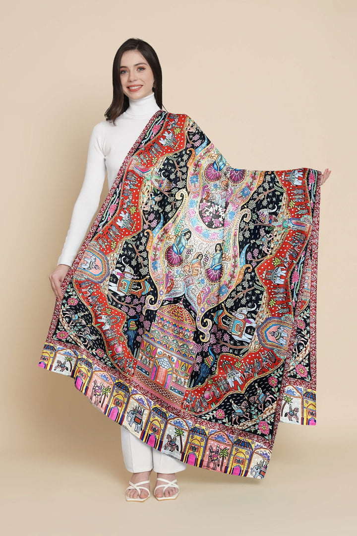 Pashtush India Womens Shawls Pashtush Womens Pashmina Shawl, Handpaintied, hand embroidered, The royal Procession, Multicoloured