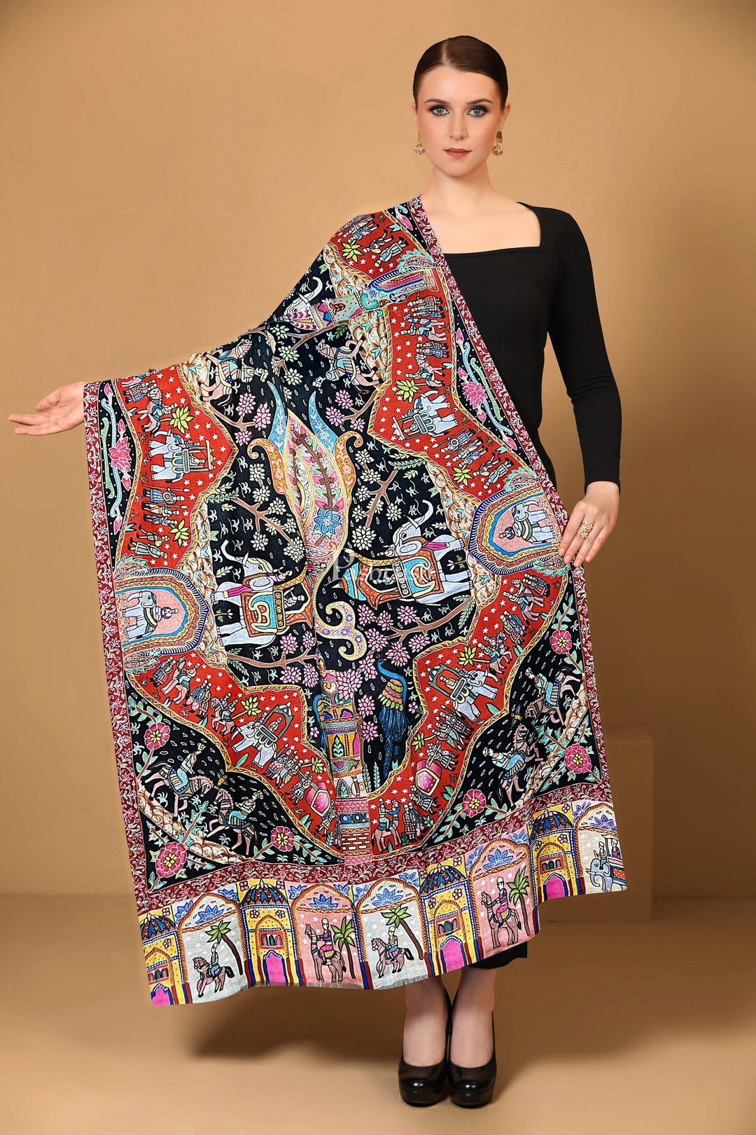 Pashtush India Womens Shawls Pashtush Womens Pashmina Shawl, Handpaintied, hand embroidered, The royal Procession, Multicoloured