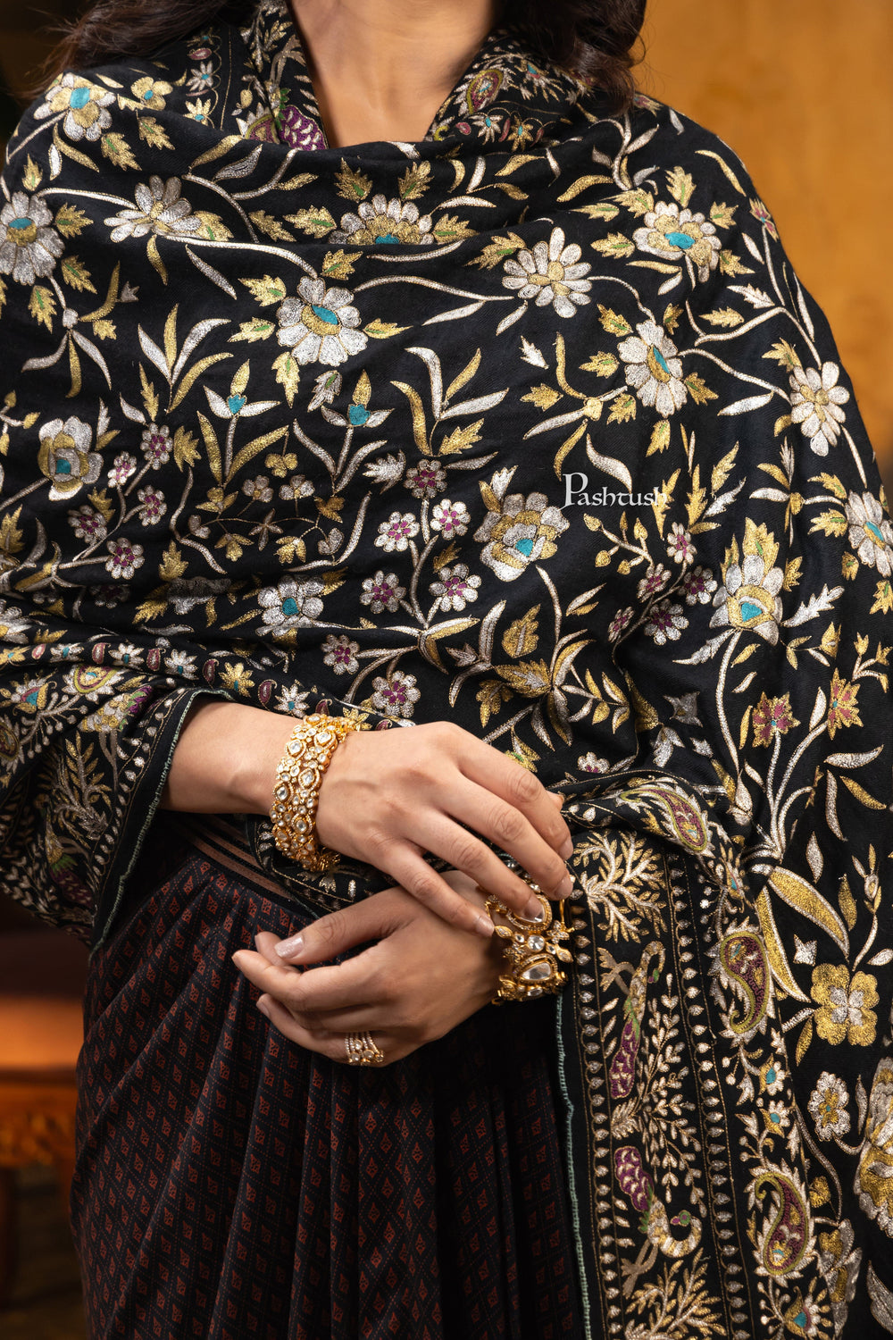 Pashtush India Womens Shawls PASHTUSH WOMENS PASHMINA SHAWL, KASHMIRI TILLA WORK, HANDLOOM, MULTICOLOURED