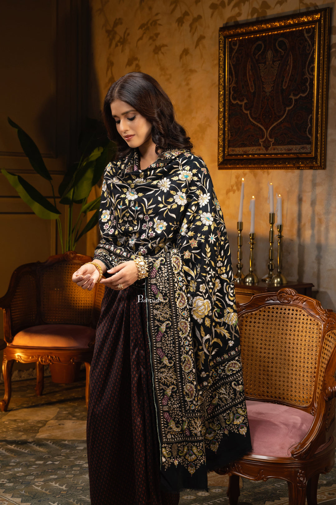 Pashtush India Womens Shawls PASHTUSH WOMENS PASHMINA SHAWL, KASHMIRI TILLA WORK, HANDLOOM, MULTICOLOURED