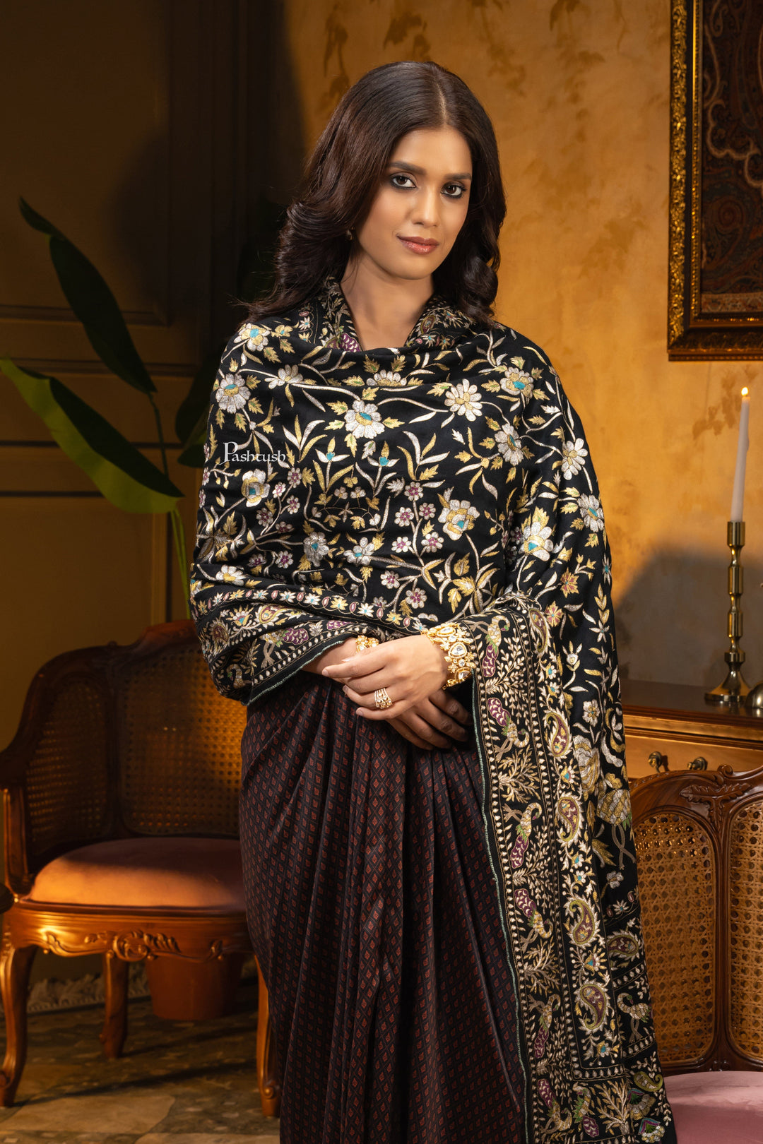 Pashtush India Womens Shawls PASHTUSH WOMENS PASHMINA SHAWL, KASHMIRI TILLA WORK, HANDLOOM, MULTICOLOURED