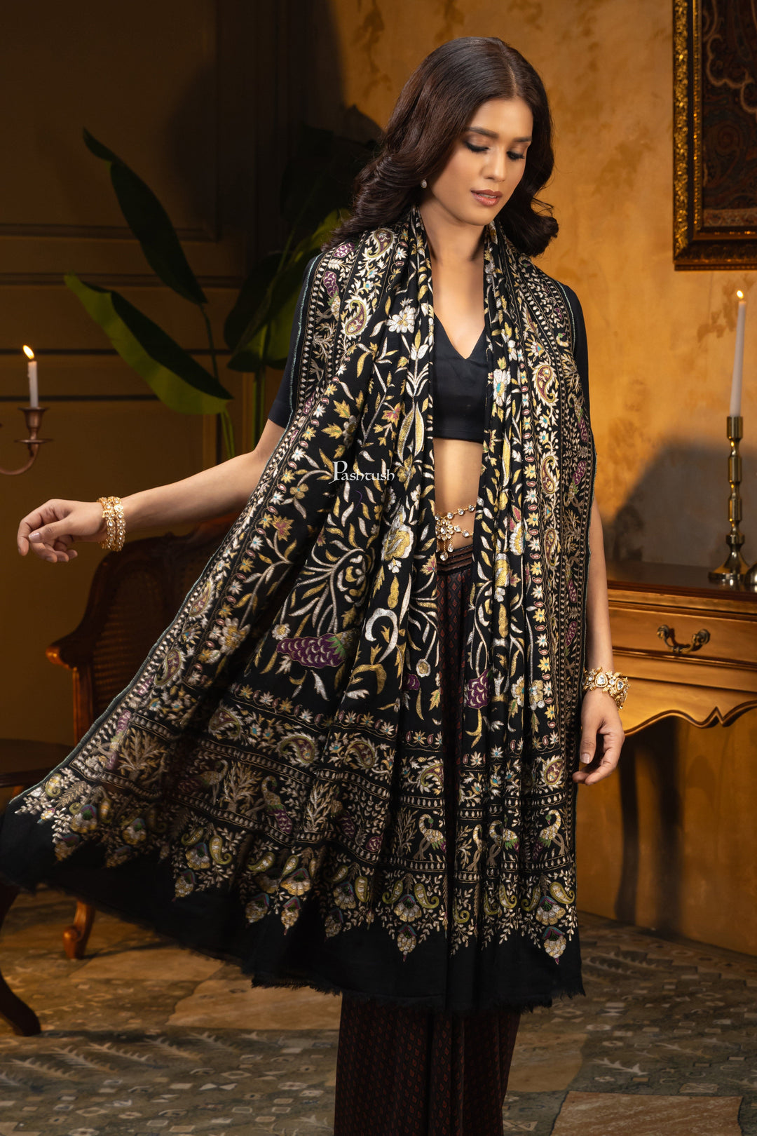 Pashtush India Womens Shawls PASHTUSH WOMENS PASHMINA SHAWL, KASHMIRI TILLA WORK, HANDLOOM, MULTICOLOURED