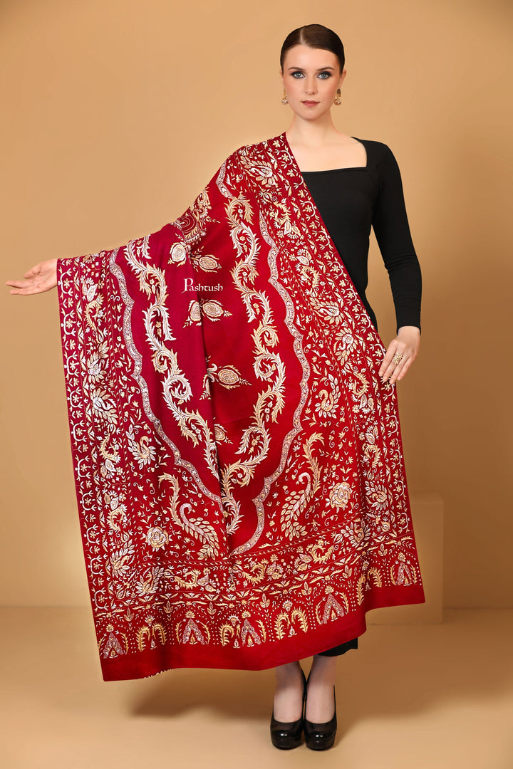 Pashtush India Womens Shawls Pashtush Womens Pashmina Shawl, Kashmiri Tilla Work, Handloom, Red