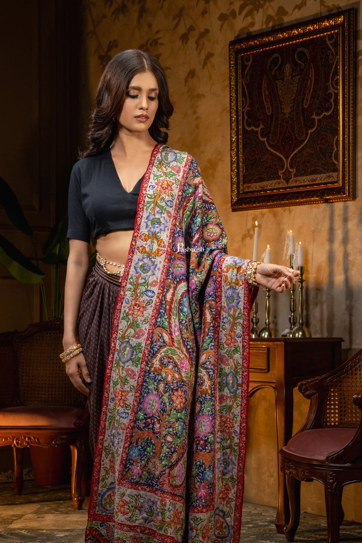 Pashtush India Womens Shawls Pashtush Womens Pashmina Shawl, Multicoloured Kalamkari, Hand Painted, Woven, Embroidered with Ombre