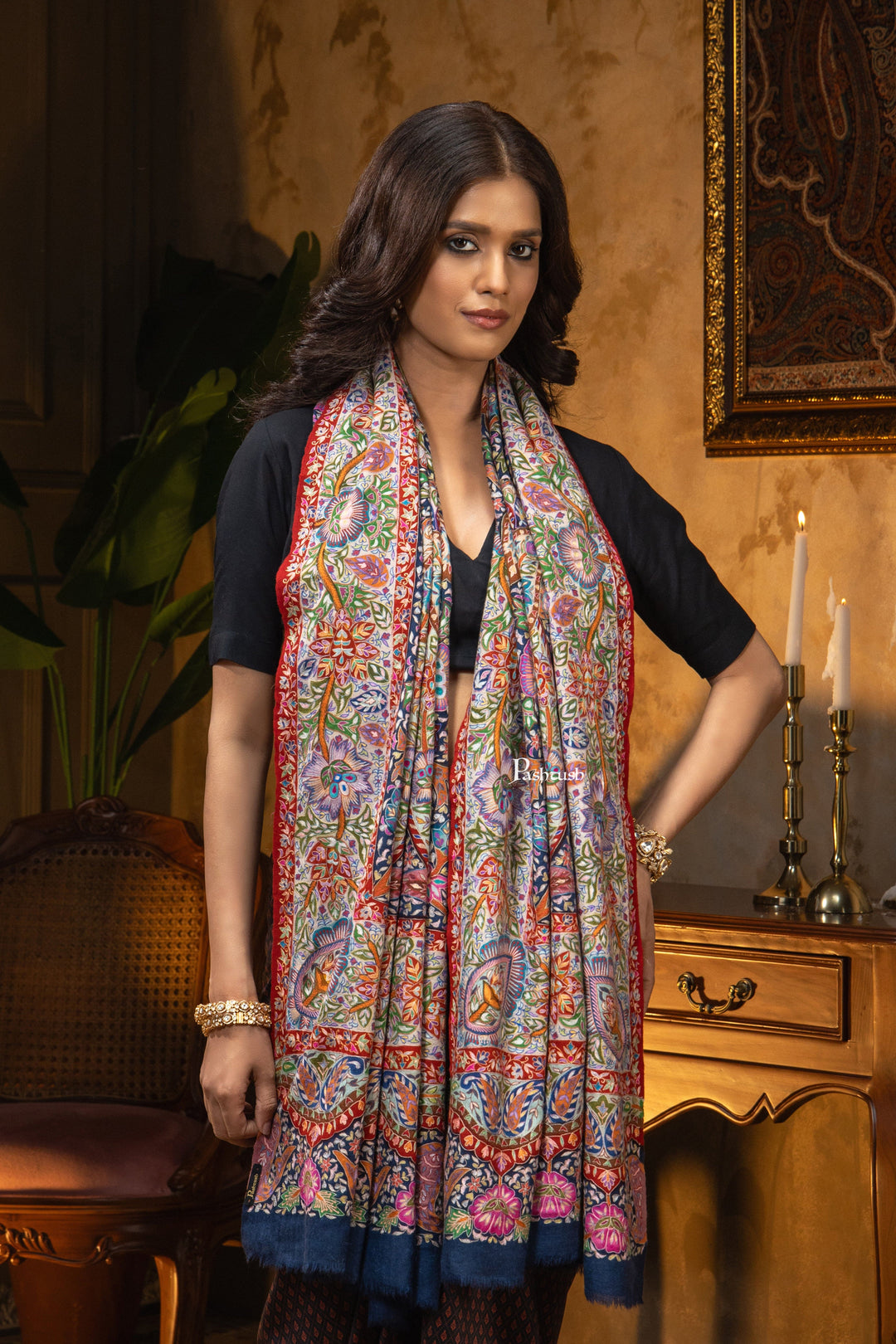 Pashtush India Womens Shawls Pashtush Womens Pashmina Shawl, Multicoloured Kalamkari, Hand Painted, Woven, Embroidered with Ombre
