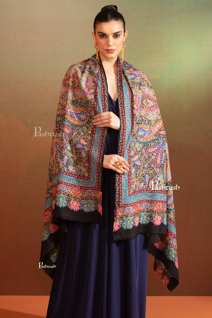 Pashtush India Womens Shawls Pashtush Womens Pashmina Shawl, Multicoloured Kalamkari, Hand Painted, Woven, Embroidered with Ombre