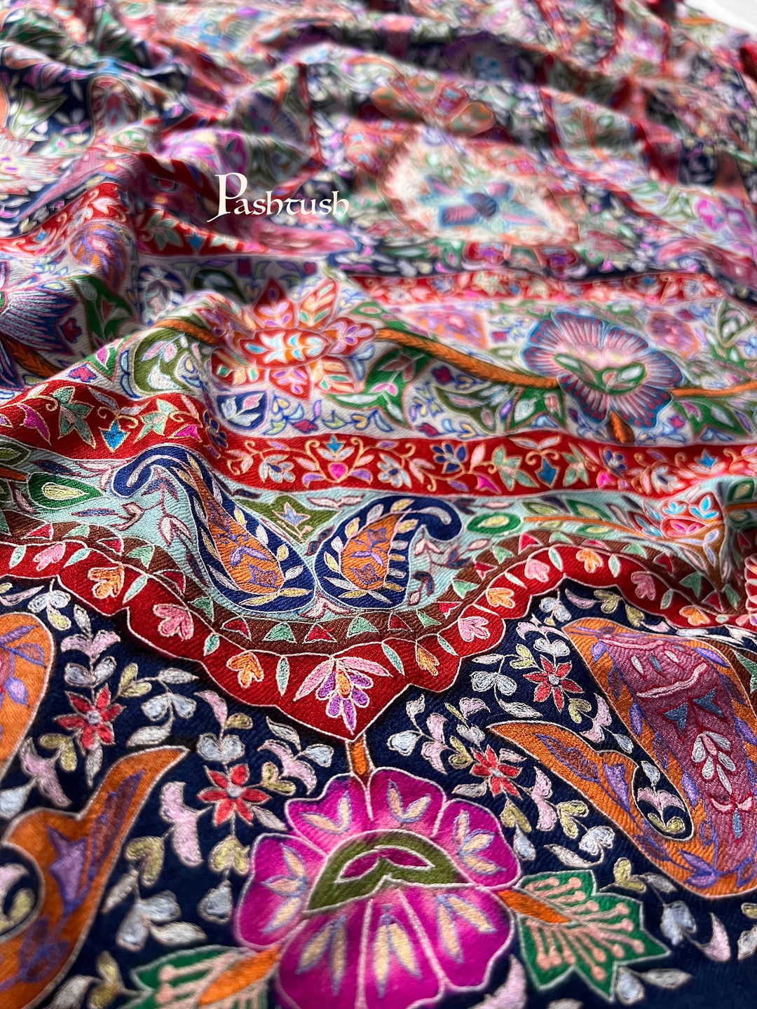 Pashtush India Womens Shawls Pashtush Womens Pashmina Shawl, Multicoloured Kalamkari, Hand Painted, Woven, Embroidered with Ombre