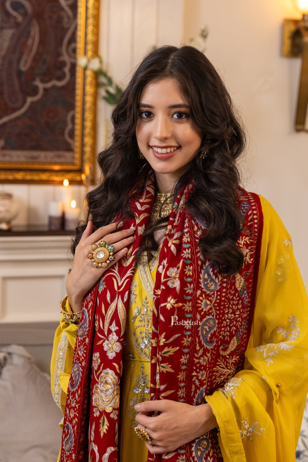 Pashtush India Womens Shawls Pashtush Womens Pashmina Shawl, With Kashmiri Tilla Embroidery, Hand Woven, hand Embroidered