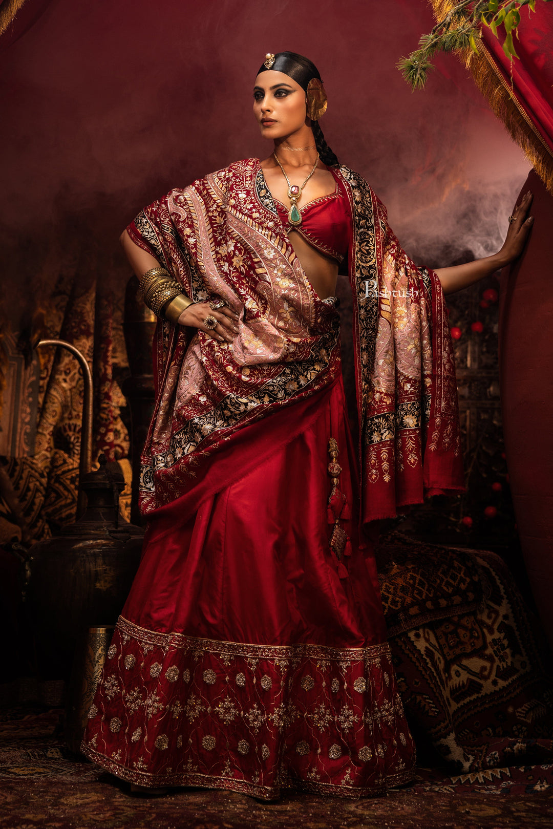 Pashtush India Womens Shawls Pashtush Womens Pashmina Shawl, With Kashmiri Tilla Embroidery, Hand Woven, Hand Embroidered