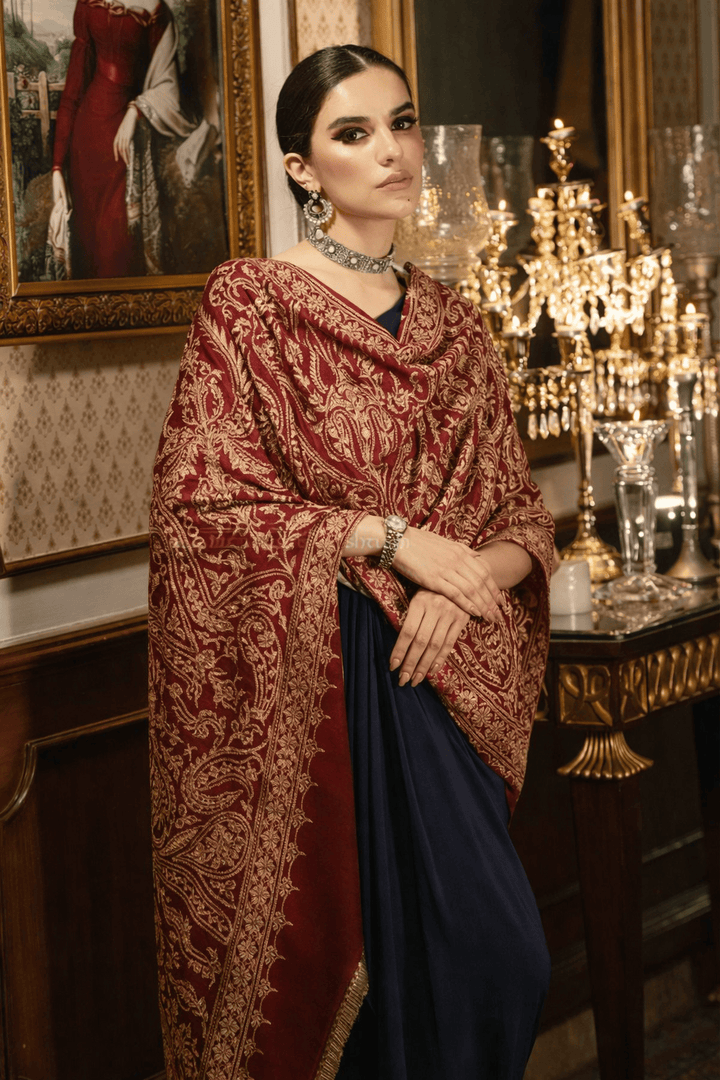 Pashtush India Womens Shawls Pashtush Womens Pashmina Shawl with Real Kashmiri Tilla Embroidery, Bridal Crimson Maroon.