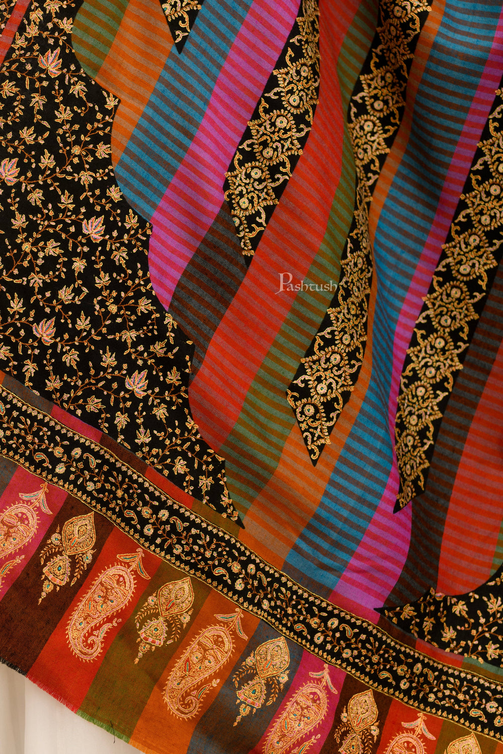 Pashtush India Womens Shawls Pashtush Womens Pure Pashmina, Hand Woven, Sozni Hand Embroidered  Stripe Design Shawl, Multicoloured