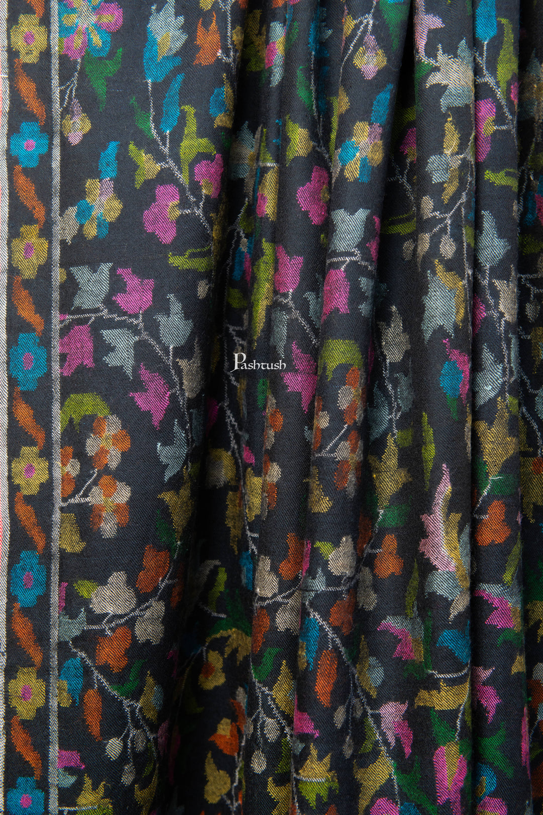 Pashtush India Womens Shawls Pashtush Womens Pure Pashmina Handloom Kaani Shawl, Handwoven, Jewel Black