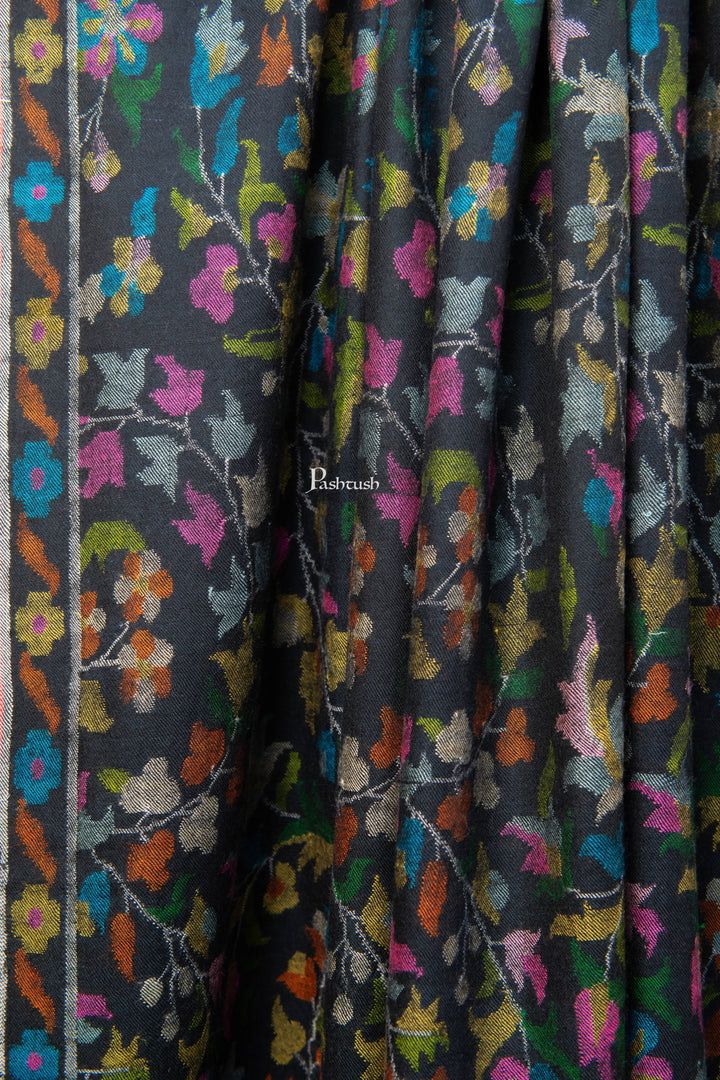 Pashtush India Womens Shawls Pashtush Womens Pure Pashmina Handloom Kaani Shawl, Handwoven, Jewel Black