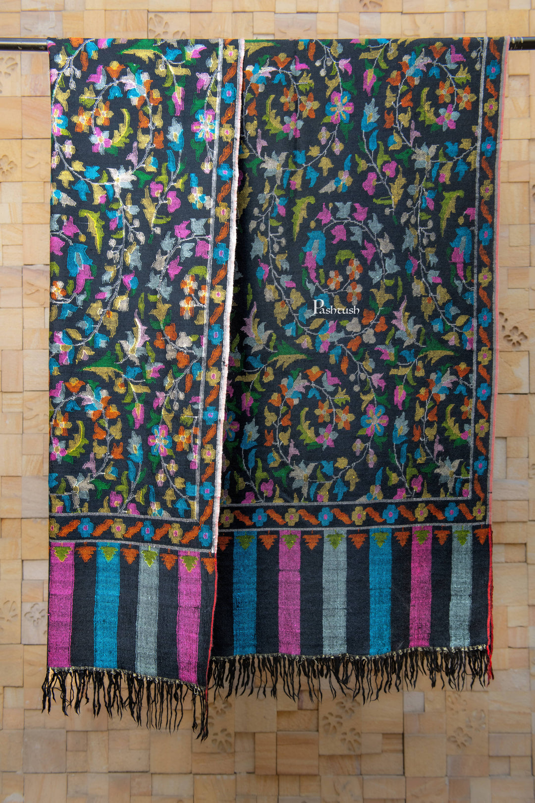 Pashtush India Womens Shawls Pashtush Womens Pure Pashmina Handloom Kaani Shawl, Handwoven, Jewel Black