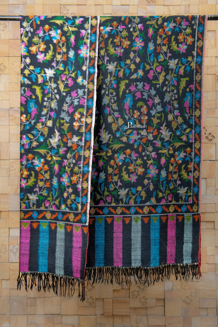 Pashtush India Womens Shawls Pashtush Womens Pure Pashmina Handloom Kaani Shawl, Handwoven, Jewel Black