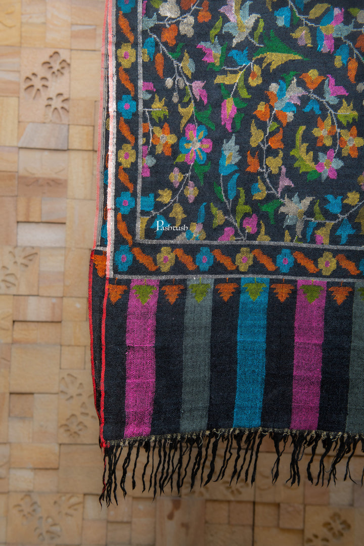 Pashtush India Womens Shawls Pashtush Womens Pure Pashmina Handloom Kaani Shawl, Handwoven, Jewel Black