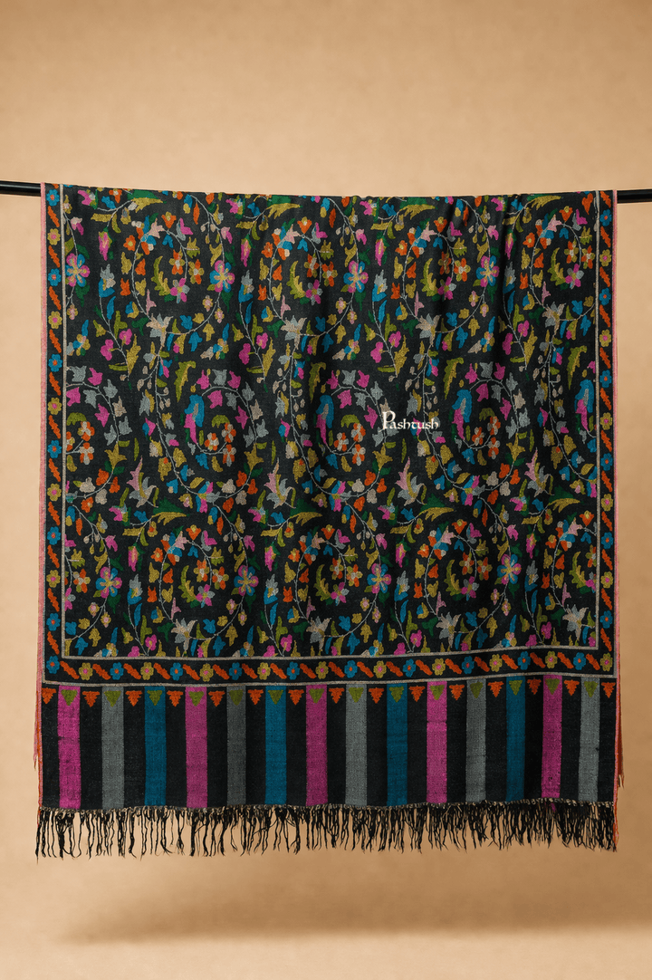 Pashtush India Womens Shawls Pashtush Womens Pure Pashmina Handloom Kaani Shawl, Handwoven, Jewel Black