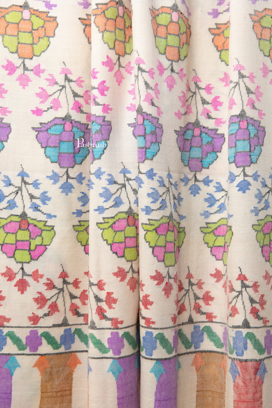 Pashtush India Womens Shawls Pashtush Womens Pure Pashmina Handloom Kaani Shawl, Handwoven, Pastel Hues, Ivory with Natural Woven Base