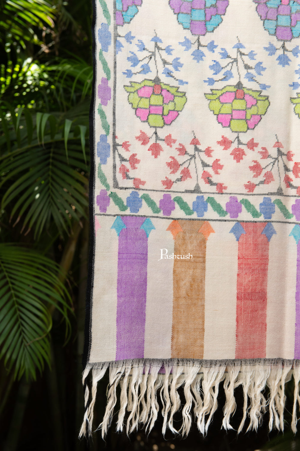 Pashtush India Womens Shawls Pashtush Womens Pure Pashmina Handloom Kaani Shawl, Handwoven, Pastel Hues, Ivory with Natural Woven Base