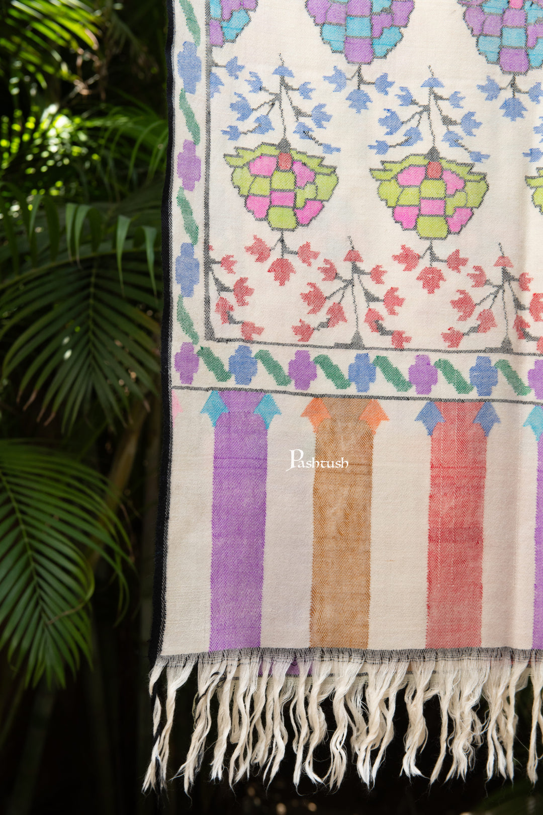 Pashtush India Womens Shawls Pashtush Womens Pure Pashmina Handloom Kaani Shawl, Handwoven, Pastel Hues, Ivory with Natural Woven Base
