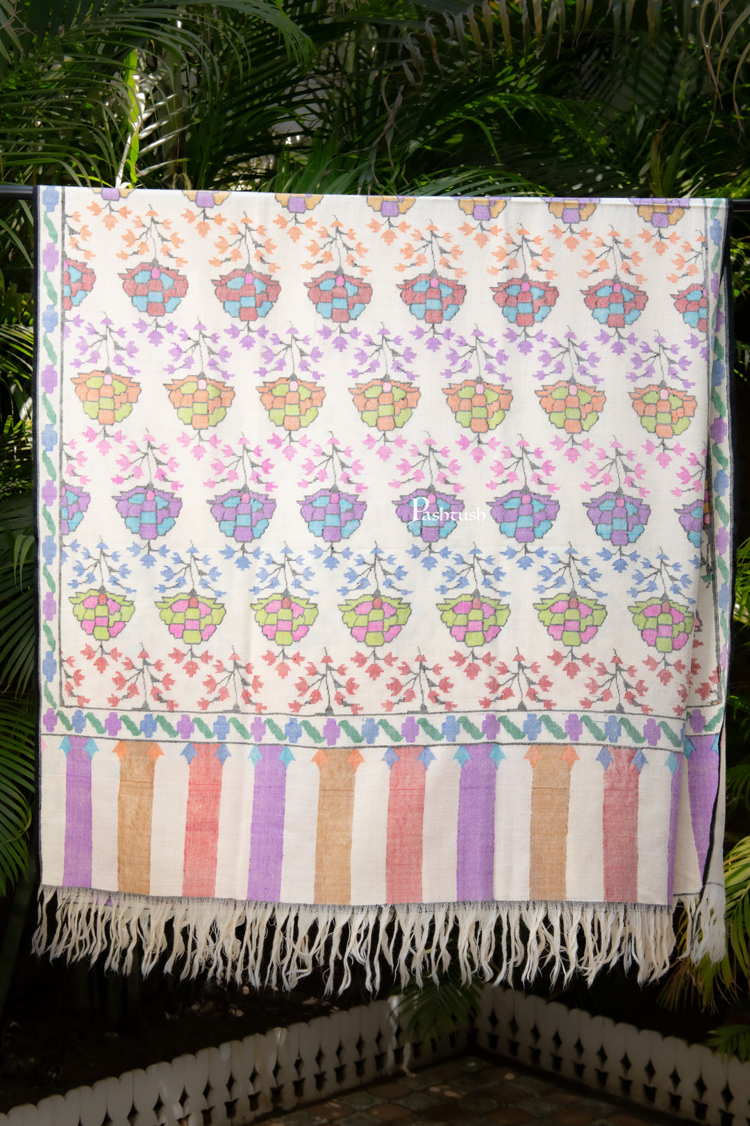 Pashtush India Womens Shawls Pashtush Womens Pure Pashmina Handloom Kaani Shawl, Handwoven, Pastel Hues, Ivory with Natural Woven Base