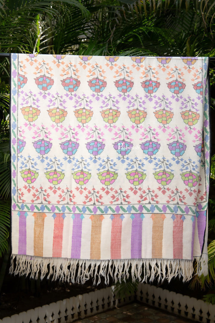 Pashtush India Womens Shawls Pashtush Womens Pure Pashmina Handloom Kaani Shawl, Handwoven, Pastel Hues, Ivory with Natural Woven Base