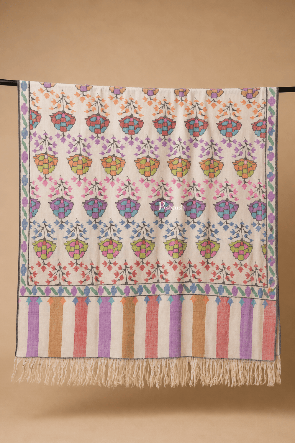 Pashtush India Womens Shawls Pashtush Womens Pure Pashmina Handloom Kaani Shawl, Handwoven, Pastel Hues, Ivory with Natural Woven Base