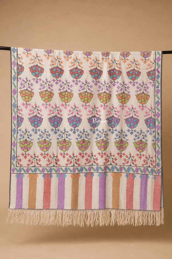 Pashtush India Womens Shawls Pashtush Womens Pure Pashmina Handloom Kaani Shawl, Handwoven, Pastel Hues, Ivory with Natural Woven Base