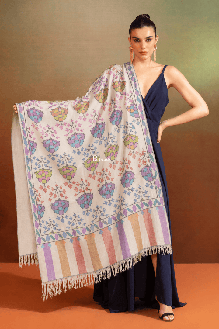 Pashtush India Womens Shawls Pashtush Womens Pure Pashmina Handloom Kaani Shawl, Handwoven, Pastel Hues, Ivory with Natural Woven Base