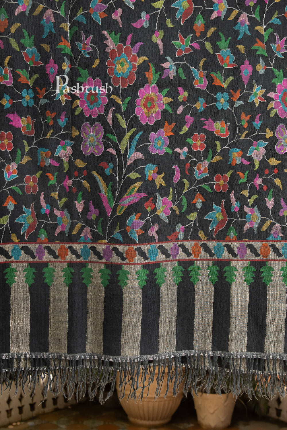 Pashtush India Womens Shawls Pashtush Womens Pure Pashmina Kaani Shawl, Handloom, Hand woven, Black