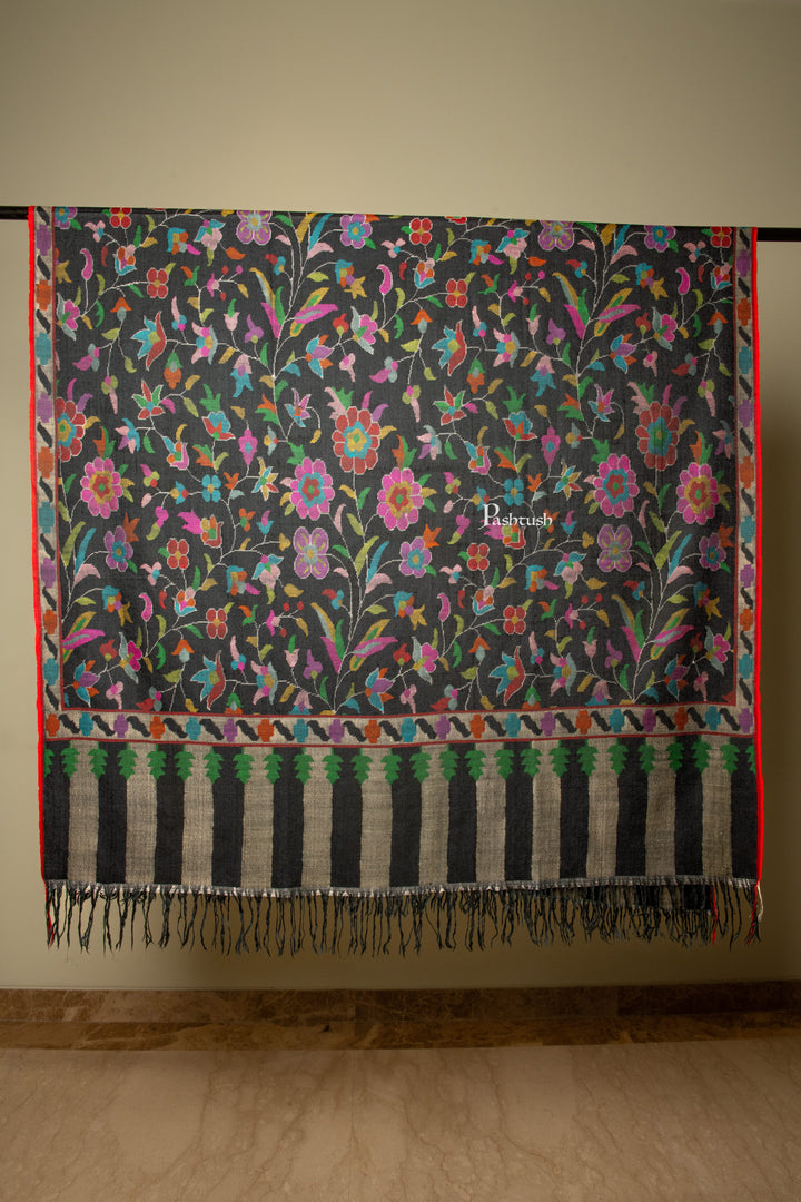 Pashtush India Womens Shawls Pashtush Womens Pure Pashmina Kaani Shawl, Handloom, Hand woven, Black