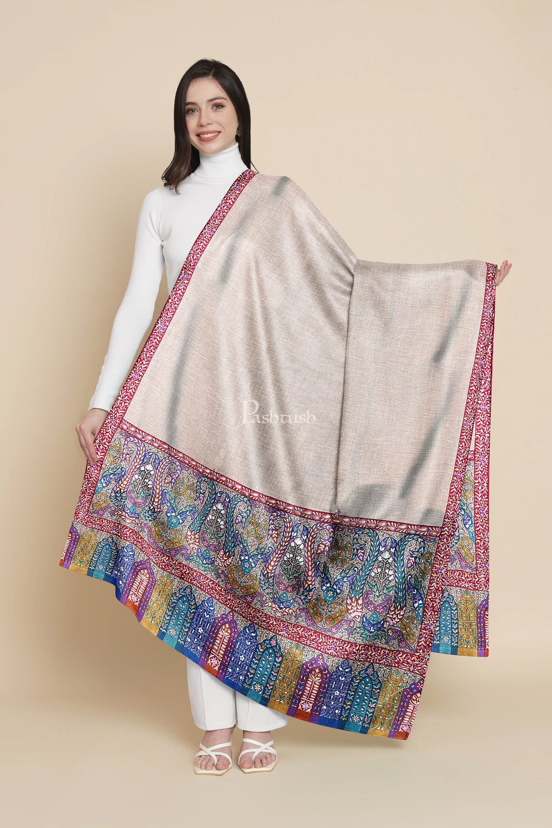 Pashtush India Womens Shawls Pashtush Womens Pure Pashmina Shawl, Hand Embroidered, Hand Painted Kalamkari Palla, Handloom, Multicolour