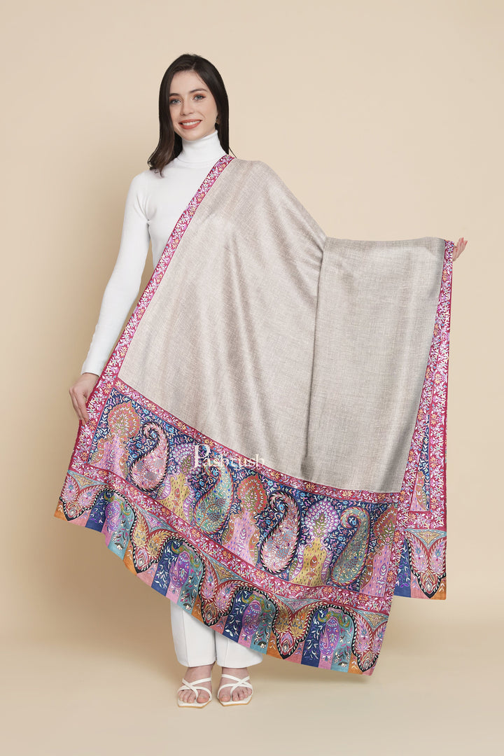 Pashtush India Womens Shawls Pashtush Womens Pure Pashmina Shawl, Hand Embroidered, Hand Painted Kalamkari Palla, Handloom, Multicolour