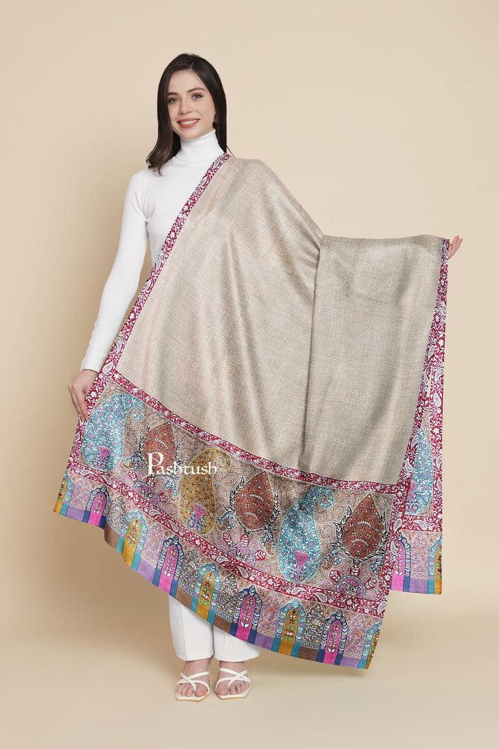 Pashtush India Womens Shawls Pashtush Womens Pure Pashmina Shawl, Hand Embroidered, Hand Painted Kalamkari Palla, Handloom, Multicolour